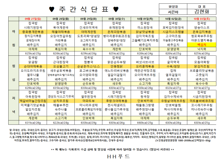 10월 식단표입니다.